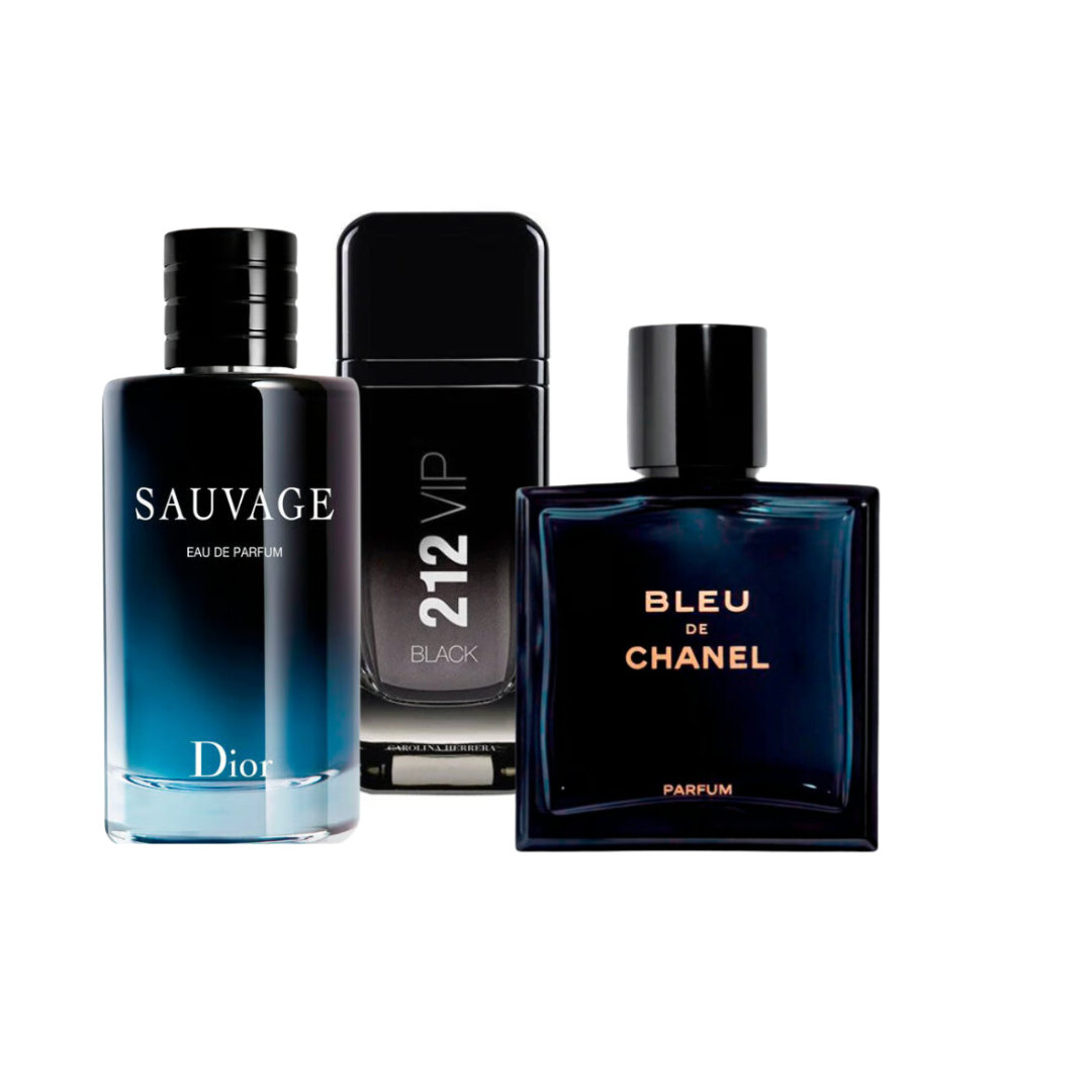 Perfume Dior Sauvage + 212 Vip Black + Bleu de Chanel